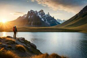 the man is standing on the edge of a lake with the sun setting behind the mountains. AI-Generated photo