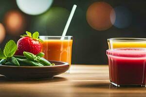 un mesa con dos lentes de jugo y un cuenco de fruta. generado por ai foto