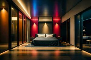 un dormitorio con rojo Encendiendo y negro paredes generado por ai foto