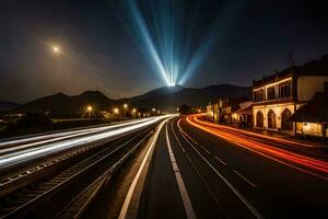 un largo exposición foto de un tren en un la carretera a noche. generado por ai