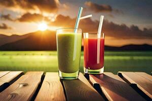 two glasses of smoothies on a wooden table. AI-Generated photo