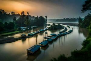 a river at sunrise with boats docked along the shore. AI-Generated photo