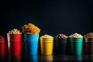 a row of colorful buckets with different types of food. AI-Generated photo