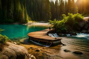 un de madera puente Guías a un lago en el montañas. generado por ai foto