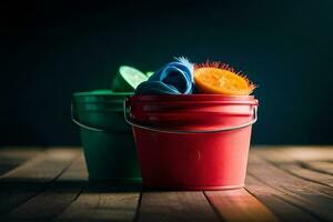 two buckets of colorful plastic toys on a wooden table. AI-Generated photo