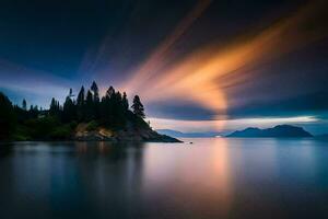 a long exposure photograph of a sunset over a lake. AI-Generated photo