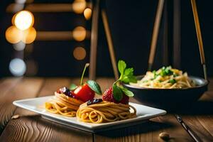 a plate of spaghetti with strawberries and tomatoes. AI-Generated photo