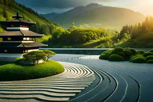 a pagoda sits on a grassy hillside. AI-Generated photo