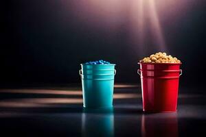 two buckets of popcorn and a bowl of popcorn. AI-Generated photo