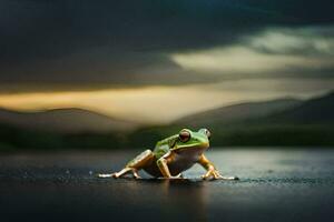 a frog sitting on the ground in front of a stormy sky. AI-Generated photo