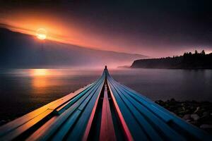 un largo de madera barco es sentado en el apuntalar a puesta de sol. generado por ai foto