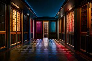 a hallway with colorful lights and wooden doors. AI-Generated photo