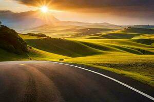the sun setting over a road in the middle of a green field. AI-Generated photo