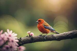 a small bird is sitting on a branch with flowers. AI-Generated photo