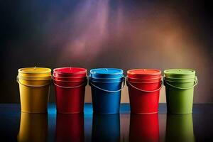 five colorful buckets on a table with a blurred background. AI-Generated photo