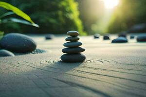 a stack of stones on the sand. AI-Generated photo