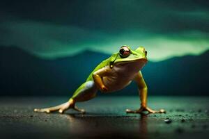 a frog standing on its hind legs with its legs spread. AI-Generated photo