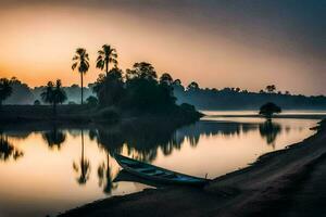 a boat sits on the shore of a river at sunset. AI-Generated photo