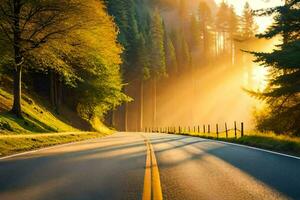 a road with trees and sun rays shining through the trees. AI-Generated photo