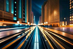 a train is traveling down a city street at night. AI-Generated photo