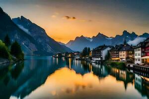 un lago y montañas a puesta de sol. generado por ai foto