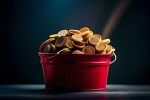 a red bucket filled with coins on a dark background. AI-Generated photo