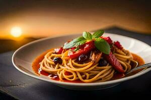espaguetis con tomate salsa y negro aceitunas en un lámina. generado por ai foto