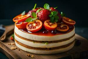 a cake with strawberries and oranges on top. AI-Generated photo