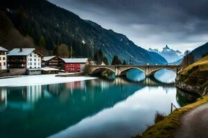 a bridge over a river in the mountains with snow on the ground. AI-Generated photo