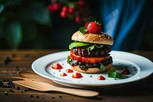 un hamburguesa con Tomates y fresas en un lámina. generado por ai foto