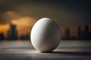 an egg on a table with a city in the background. AI-Generated photo