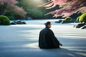 a man in black robes sitting on the ground in front of a cherry blossom tree. AI-Generated photo