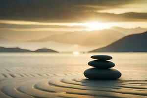 apilado piedras en el playa a puesta de sol. generado por ai foto