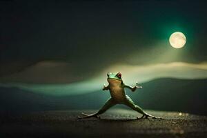 a frog standing on a road with a full moon in the background. AI-Generated photo