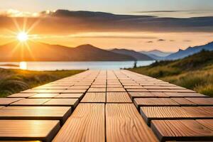 a wooden walkway leads to the sun. AI-Generated photo