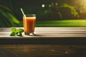 un vaso de naranja jugo en un de madera mesa. generado por ai foto