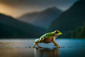 a frog is standing on the edge of a lake. AI-Generated photo