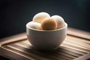 a bowl of eggs on a wooden table. AI-Generated photo