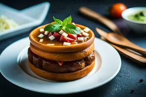 un hamburguesa con queso, Tomates y albahaca en un lámina. generado por ai foto