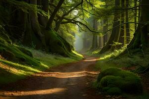 un suciedad la carretera en el medio de un bosque. generado por ai foto