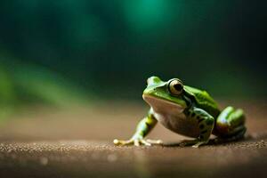 un rana es sentado en el suelo en frente de un verde antecedentes. generado por ai foto