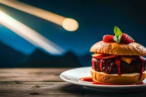 a burger with strawberry sauce on top. AI-Generated photo