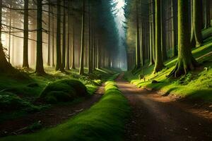 a dirt road in the middle of a forest. AI-Generated photo