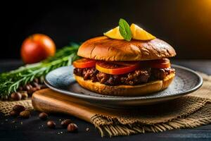 a hamburger with tomatoes and herbs on a plate. AI-Generated photo