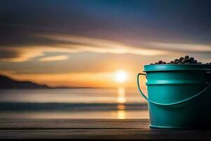 a bucket of coffee beans on a wooden table in front of the sunset. AI-Generated photo