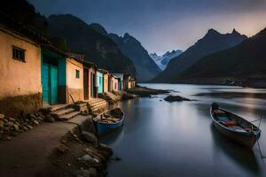 boats sit on the shore of a river with mountains in the background. AI-Generated photo