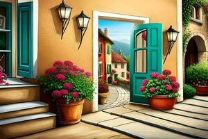 a painting of a street with flowers and a door. AI-Generated photo