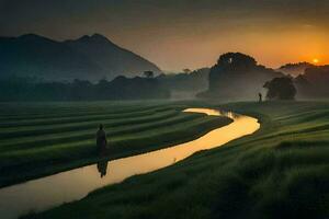 a man walking along a river in a rice field. AI-Generated photo