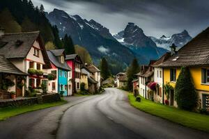 a road in the mountains with colorful houses. AI-Generated photo