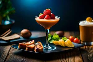 a dessert with strawberries and a drink on a black plate. AI-Generated photo